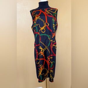 Ralph Lauren Elegant Equestrian Horse Bit Chain Print Bodycon Wool Blend Dress